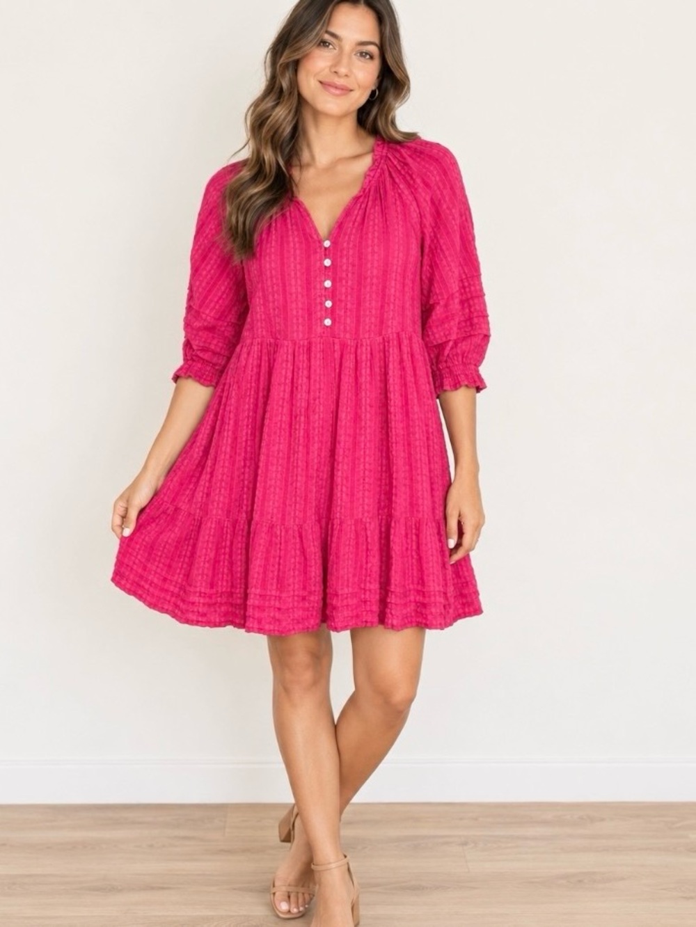 J. Jill Bright Pink babydoll tunic dress XL textured floral peasant 3/4 sleeve